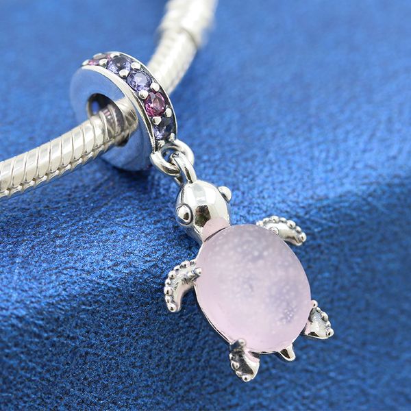 100 % 925er Sterlingsilber, Muranoglas, rosa Schildkröte, baumelnde Perle, passend für europäische Pandora-Schmuck-Charm-Armbänder