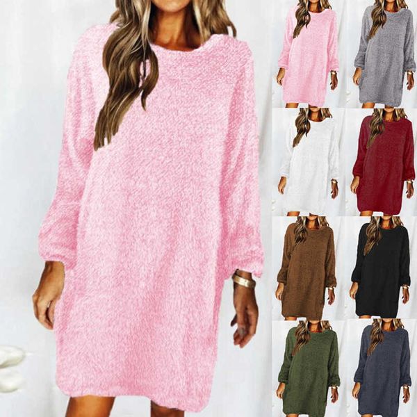 

aw2021 women's long sleeved loose plush dress sweater dress, White