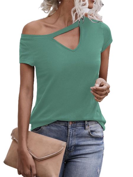 

solid cut out asymmetrical neck tee e5il#, White