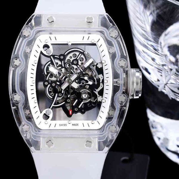 

uxury watch date richa milles fully transparent crystal glass case mens automatic mechanical watch hollowed out luminous tape light personal, Slivery;brown