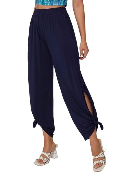 

slit side tie hem pants u8sj#, Black;white