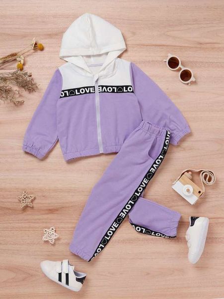 

toddler girls letter tape panel two tone zip up hoodie & sweatpants she, White