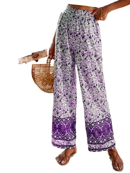

high waist floral print wide leg pants p0b6#, Black;white