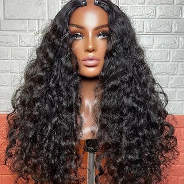 Mongolo Jerry Curly V Part Wigs 3b 3c Remy 100% capelli umani per donne nere 250 Densità U Shape Full Machine Made Water Wave Glueless 30 pollici