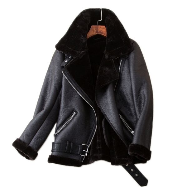 

aigo winter coat thickness faux leather fur sheepskin female fur leather jacket outwear casaco feminino 210923, Black