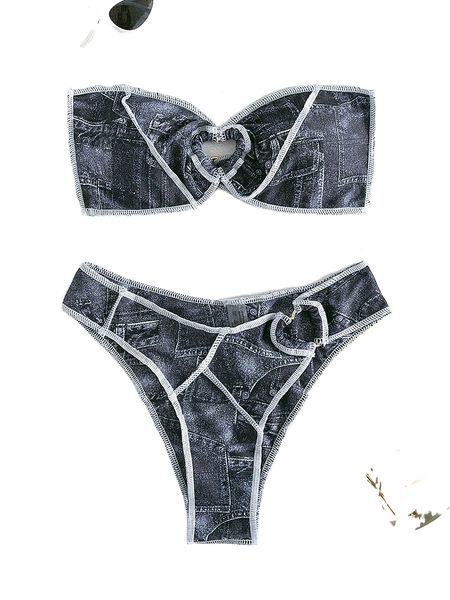 

allover print ring linked bandeau bikini swimsuit m6jg#, White;black