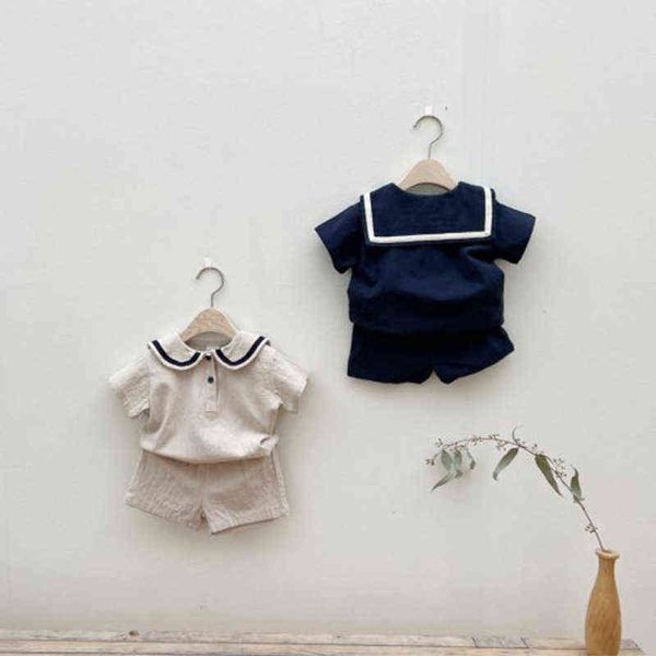 2022 Summer New Baby Manga Short Slave Set Set Infant Girl Navy Collar camiseta   shorts Conjunto de algodão