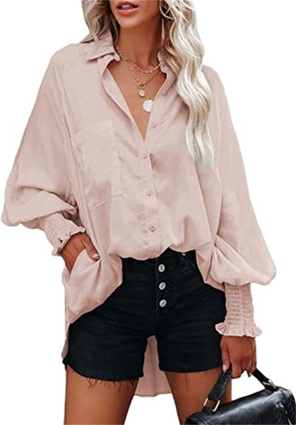 

& tees women's lantern sleeve shirt jacket v collar button pocket shirt lapel light loose, White