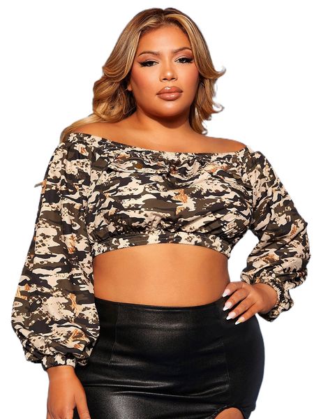 

sxy plus camo print off shoulder lantern sleeve crop blouse 09ic#, Black