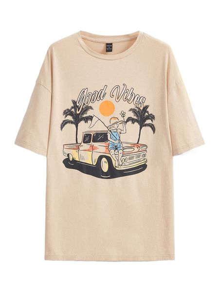 

x rengka car & letter graphic oversized tee f73b#, White