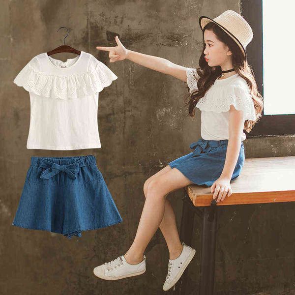 

2022 girls clothing sets summer fashion white t-shirt and shorts sets 4 8 12 14 years kids clothing sets children denim clothing g220509
