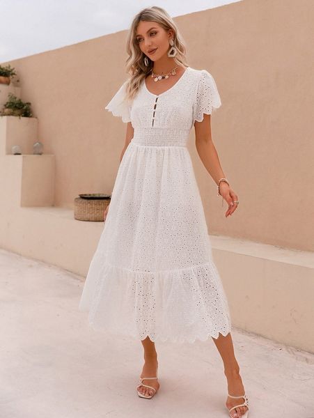 

simplee shirred waist scallop trim schiffy dress d1ik#, Black;gray