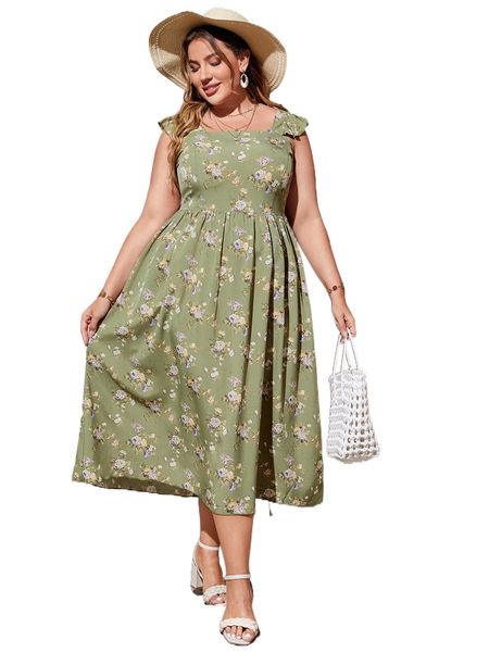 

plus floral print ruffle sleeve dress 70rh#, Black
