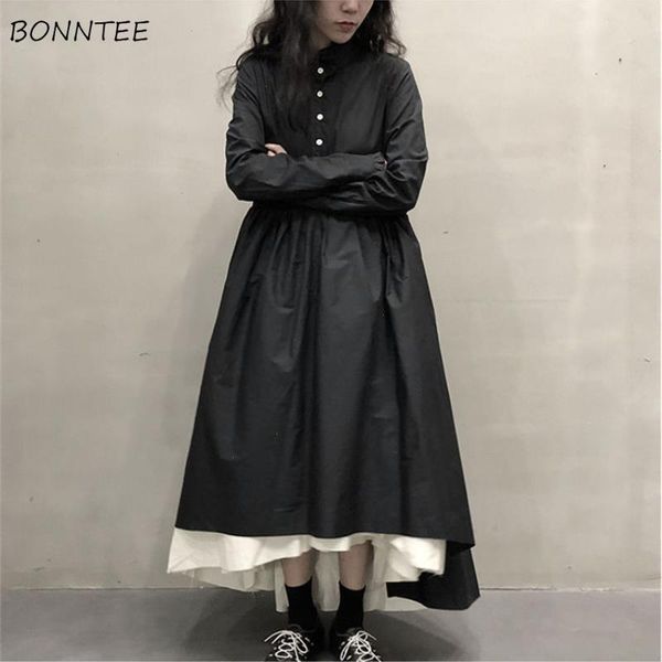 

long sleeve dress women elegant all-match patchwork button french style college temperament female leisure vintage autumn trendy, Black;gray