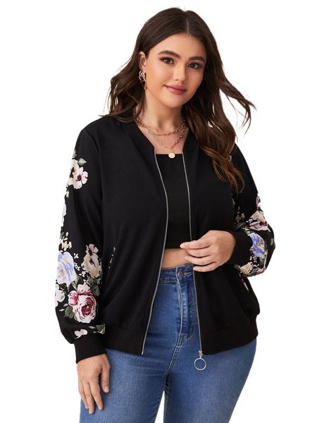 

plus floral print bomber jacket 83nc#, Black