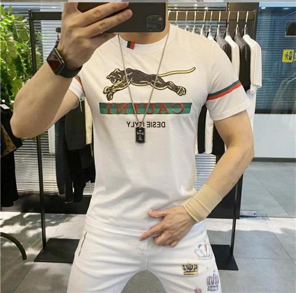 

summer casual men t shirt o-neck mercerized cotton short sleeve embroidery leopard soft breathable slim fit tees camisetas, White;black