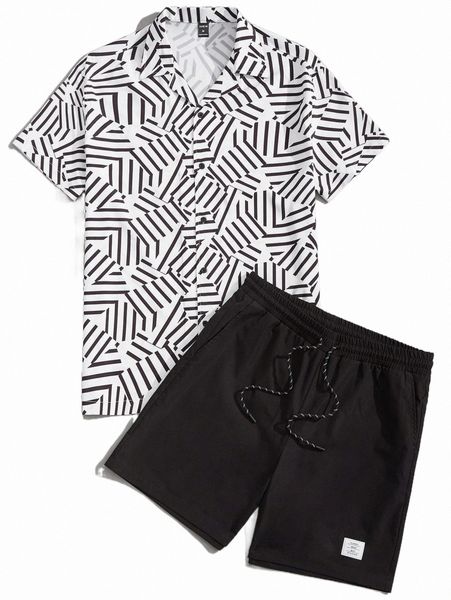 

men geo print shirt & letter patched detail drawstring waist shorts a6jq#, Gray