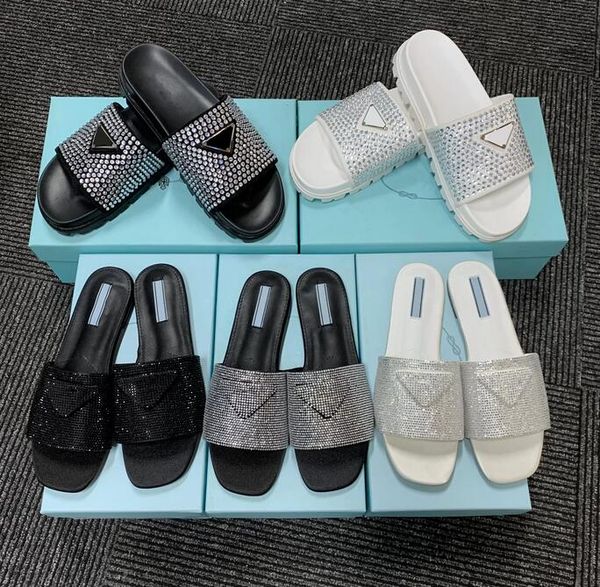 

fashion shoes sandals spring and autumn 2022 new crystal diamond flat multicolor satin iconic triangle logo square beach women's shoes, Black