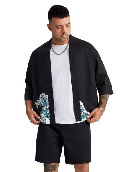 

extended sizes men wave print kimono & shorts t2a2#, Gray