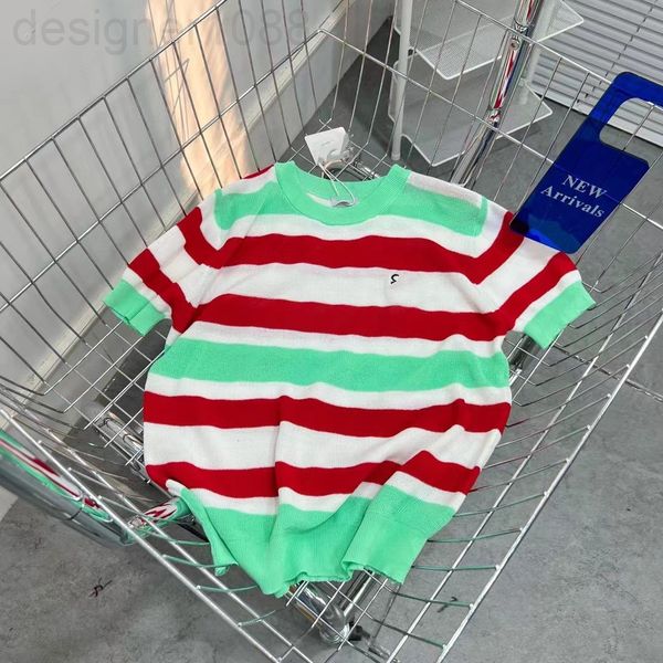 

women's t-shirt designer 22 spring and summer new loe small label embroidery rainbow stripe ice silk breathable knitted pullover short, White