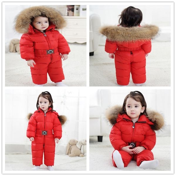 

winter children 90% white duck down rompers boys big natural fur with hooded clothes girls thicken jumpsuit 2- kids snow suit lj201203, Blue;gray