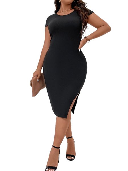 

plus slit thigh bodycon dress l9ow#, Black