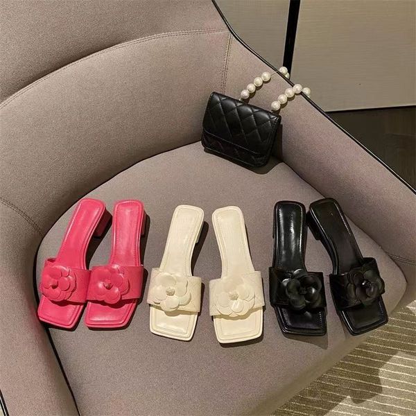 

plain heels solid color op18 flower slippers 2022 summer new square head camellia open-toe one line flat sandals for women, Black