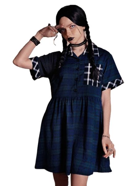 

romwe dark academia tartan pocket button front dress d1bp#, Black;gray