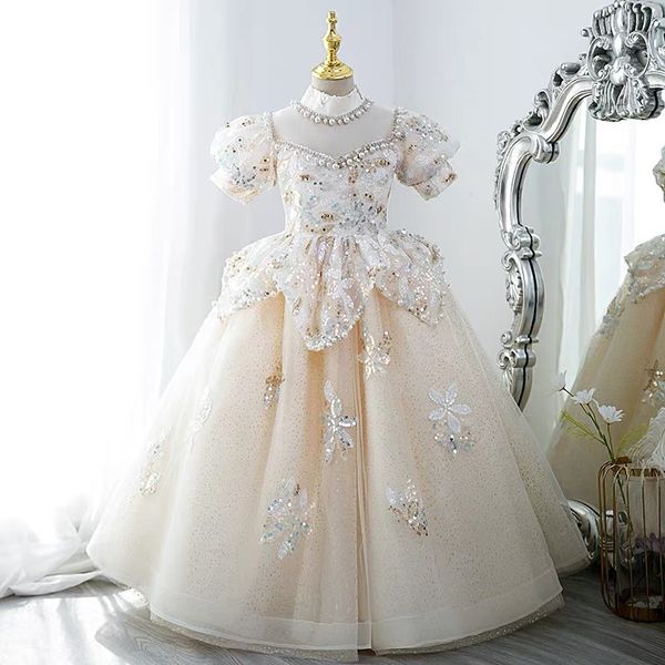 Abiti da ragazza di fiore per bambini in pizzo di cristallo Abiti da principessa con collo gioiello in tulle Applique formale floreale gonfio indossa abito da spettacolo per comunione