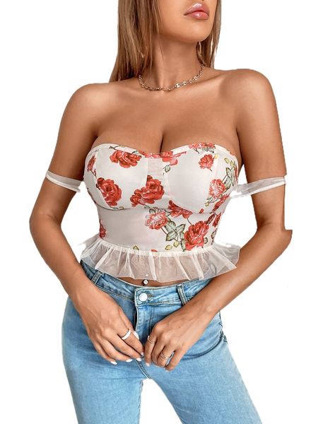 

floral print knot off shoulder contrast mesh ruffle hem n5hn#, White
