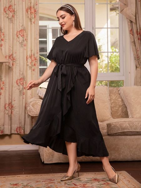 

plus butterfly sleeve ruffle trim wrap belted dress o8zi#, Black