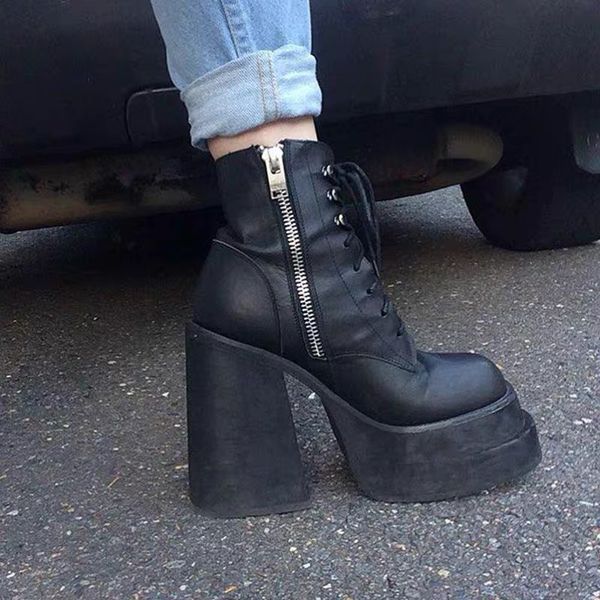 

platform short boots women 2022 cow leather thick heel booties winter motorcycle boot female big size 35-43, Black