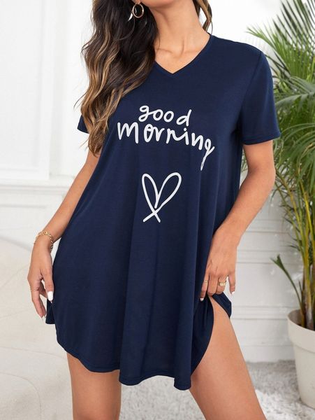 

heart & slogan graphic night dress 98hk#, Black;red