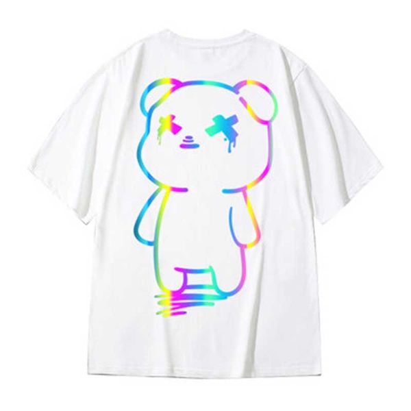 

men's t-shirts oversize cartoon bear print reflective rainbow t shirts harajuku streetwear tees cotton casual half sleeve clothing, White;black