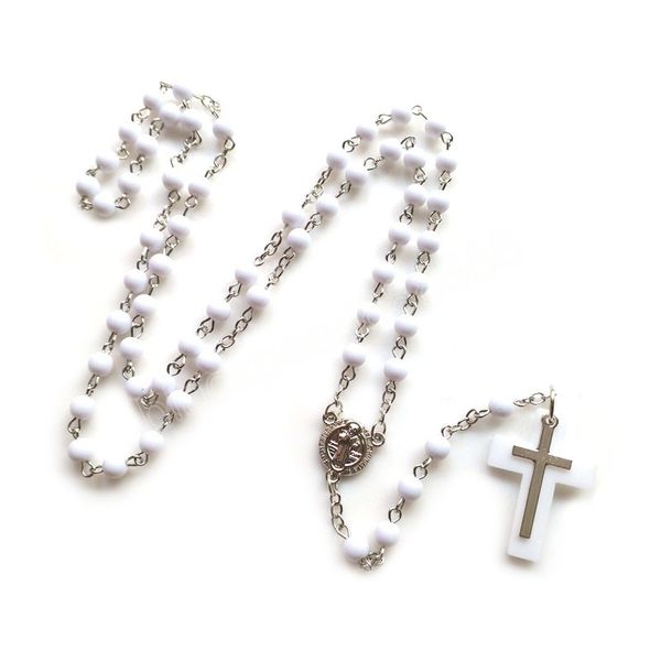 

white rosary necklace long acrylic beads strand religious jewelry cross pendant for men women, Silver