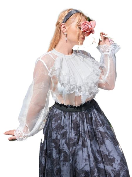 

plus contrast lace flounce sleeve organza shirt g0uf#, Black