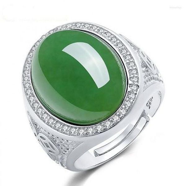 Clusterringe Luxus Oval Grün Jade Vintage Smaragd Edelsteine Diamanten Für Männer Frauen Weißgold Silber Farbe Feine Schmuckbänder Bijoux Kenn