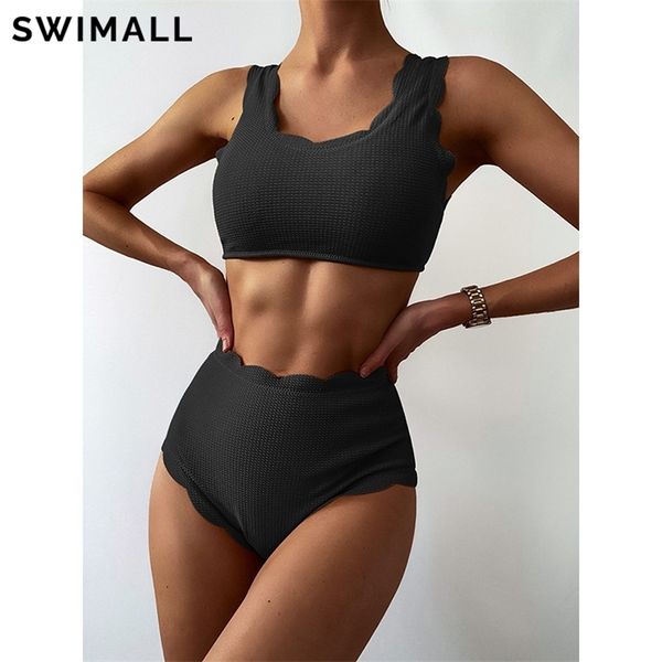 

scallop trim high waist bikini swimsuit women swimwear push up set lace up bathing suit beach wear bather biquini female 220618, White;black