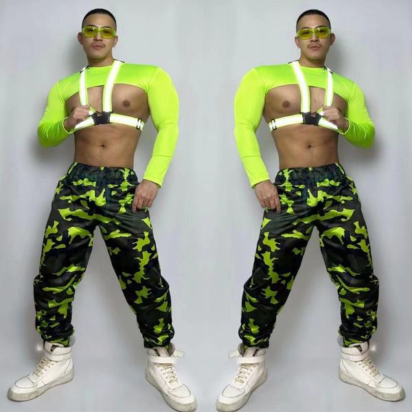 Stage Wear Fluoreszierendes grünes Top Hip-Hop-Tarnhose Reflektierender Brustgurt Muskelmann-Outfit Gogo-Tänzerkostüm XS4226Stage WearSt