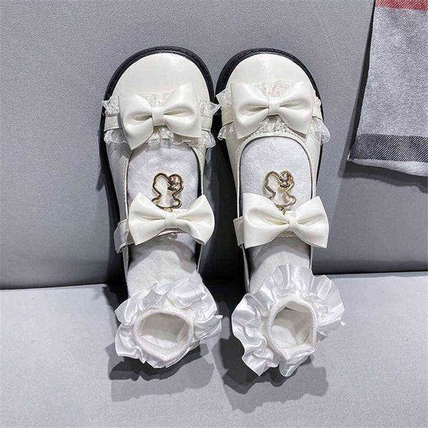 

dress shoes lady sweet lace bowknot fashion designer kawaii lolita mary jane flats women 2022 spring leather platform white loafers 220518, Black