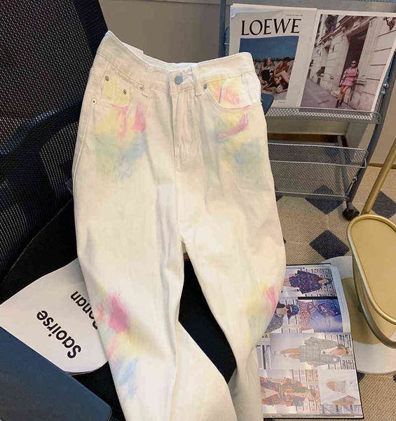 

women white denim jeans tie dye graffiti wash jeans loose casual denim wide leg pants woman long trousers fashion jeans pants t220728, Blue