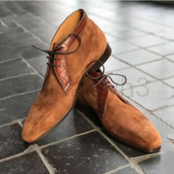 

boots designer men's imitation suede lace up low heel high desert boot business casual men daily comfort large size, Black