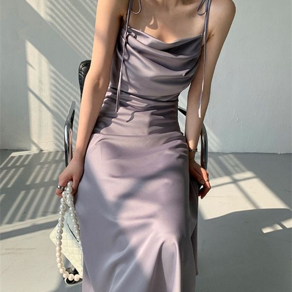 

summer fashion clothing temperament gentle solid color one word tie belt aline skirt suspenders long womens dress 220609, Black;gray