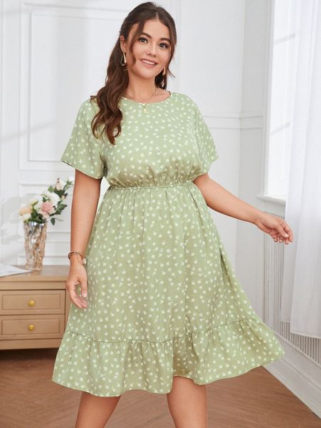 

plus ditsy floral ruffle hem dress z79a#, Black