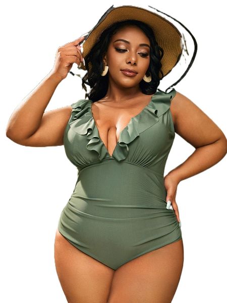 

plus ruffle trim one piece swimsuit i2d4#, White;black