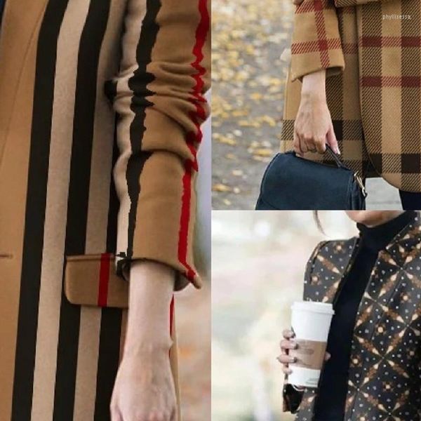 Misturas de lã feminina outono / inverno 2022 manga longa casaca de lapela de moda estampada tira xadra