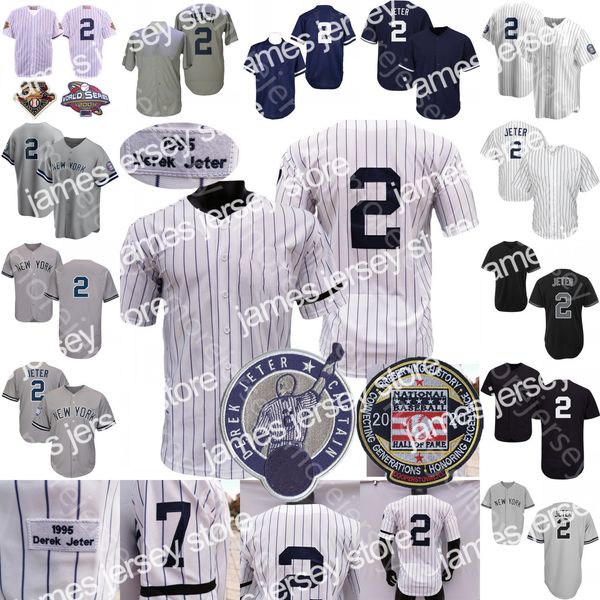 Novo 2 Derek Jeter Jersey Vintage 2020 Hall of Fame Patch Baseball 1995 Coopers-Town Home Away White Pinstripe Gray Todos os homens de STTICHED TAMANHO M-3XL