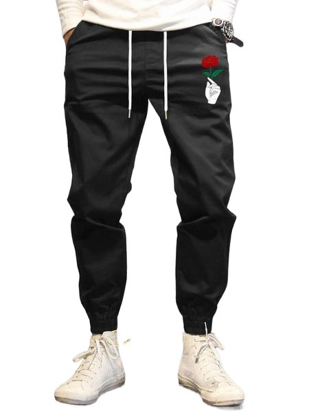 

men gesture & floral print drawstring waist pants i5pi#, Black