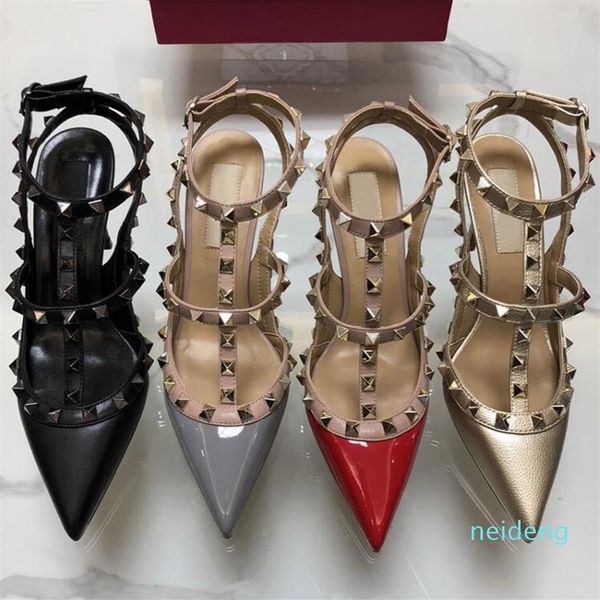 

fashion-2021 patent leather women ankle buckles ladies rivets high heels neon color dress shoes2644, Black