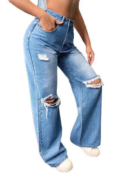 

sxy washed cutout wide leg jeans 58l3#, Blue